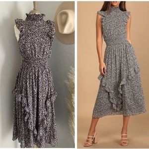 Lulus Evalina Black Floral Print Mock Neck Midi Dress